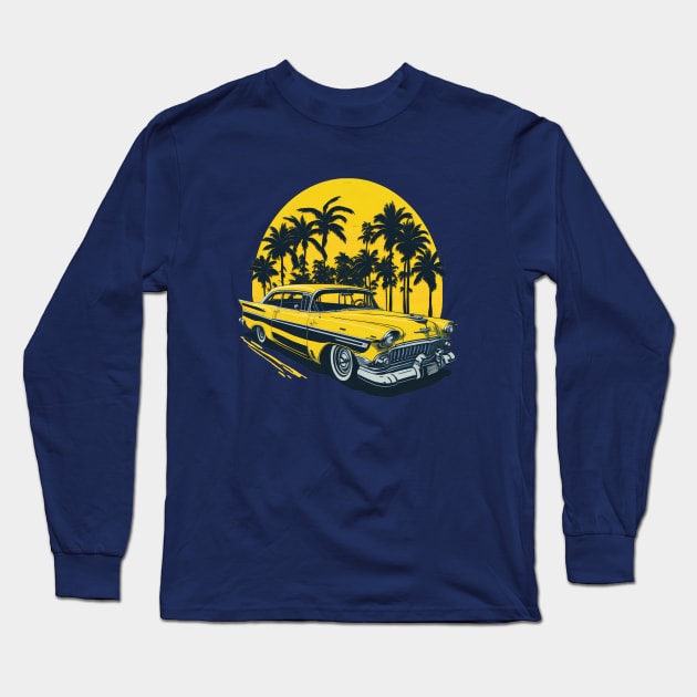 yellow classic car 1960s with palm trees at sunset Long Sleeve T-Shirt by Kraaibeek